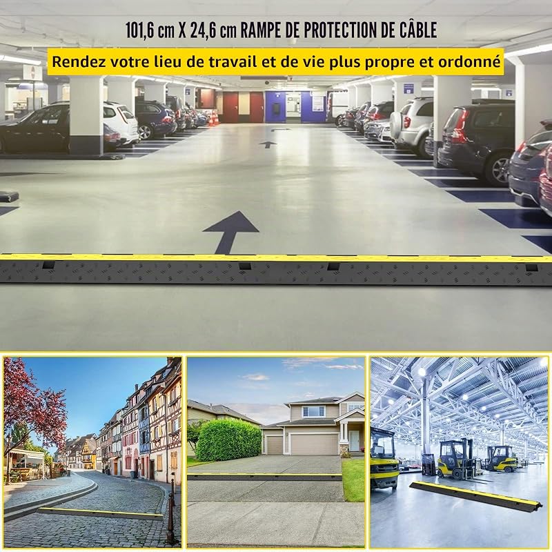 3PCS Rampes Protection Câble 2 Canaux Passage Câbles 98 cm Protecteur PVC Caoutchouc Capacité Charge 4989 kg Canal 3,2x3,1 cm pour Protéger Câbles d'alimentation des Sols Parking 101x24,5x5 cm