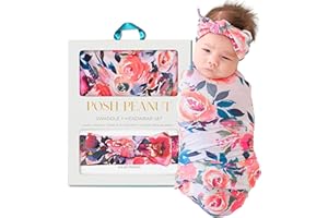 Posh Peanut Swaddle Blanket & Headband Set – Viscose from Bamboo Stretchy Baby Swaddle for Newborn Girls, Receiving Blanket or Nursing Cover