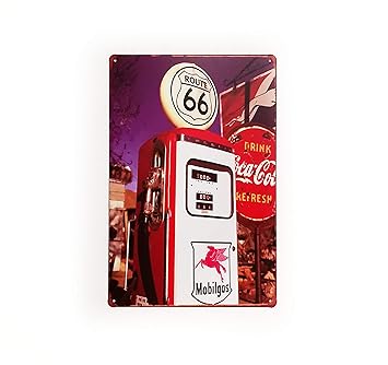 House of Queens Retro Vintage Route 66 with Gas Pump Classic Metal Signs Wall Plate Suitable for bar, Cafe, Restaurant, Shop, Hotel, Club, Home, Office, Garage