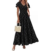 dowerme Maxi Dresses for Women 2026 Summer Ruffle Sleeve V Neck Smocked A Line Floral Boho Tiered Sundress Spring Outfit