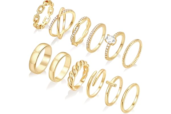 12 PCS Dainty 14K Gold Rings for Women, Eternity Open Chunky Twist Simulated Diamond Criss Cross Designs, Non Tarnish Gold Pl