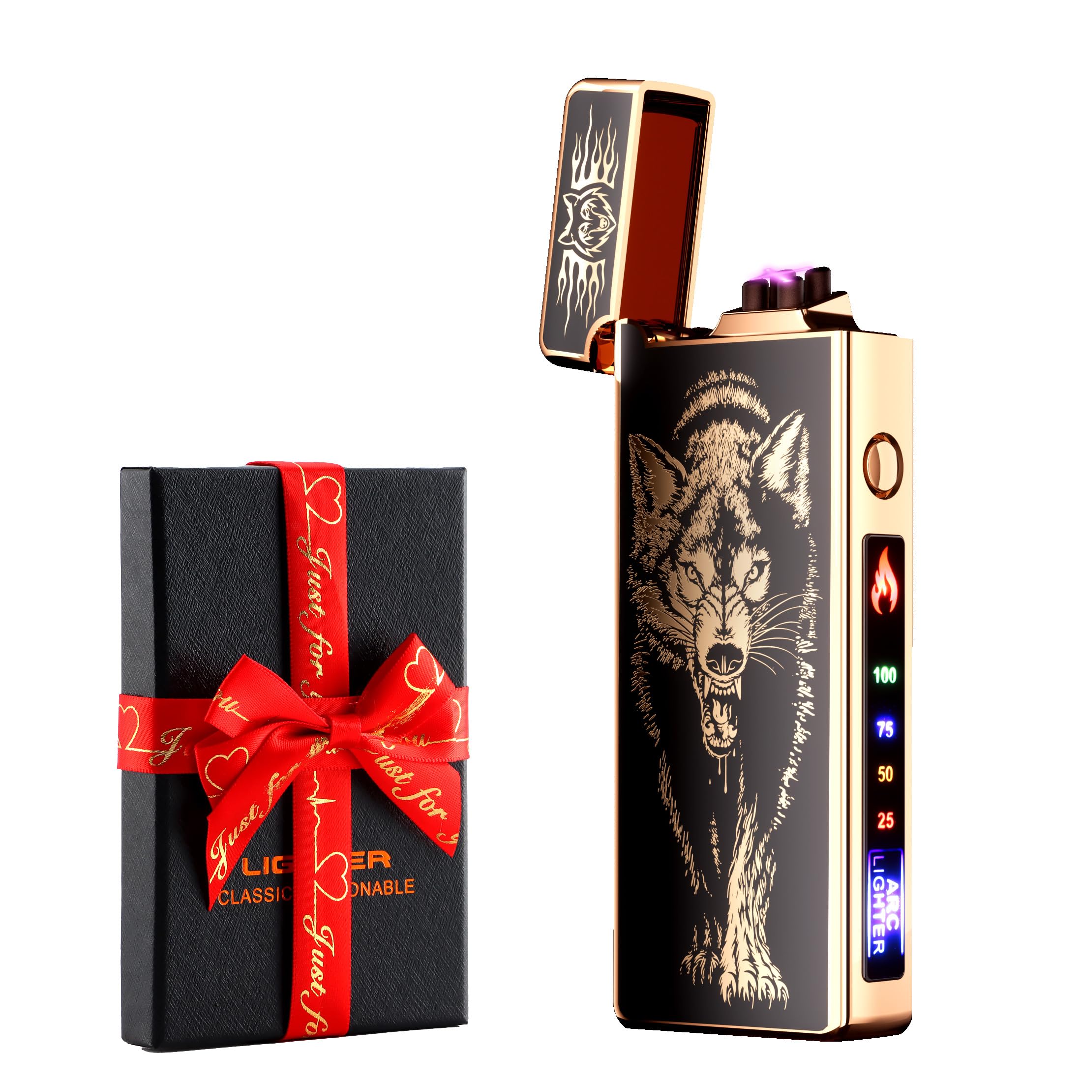 dachance Custom Personalized Cool Lighter Electric Gift Windproof USB Rechargeable Dual Arc for Camping Valentine's Day Gift (Wolf)