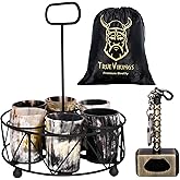 TRUE VIKING Drinking Horn Cup Set of 6 – Unique Viking Gifts for Men, Dad, Husband – Natural Ox Horn Shot Glasses with Thor Bottle Opener & Metal Caddy – Leak-Proof – For Beer, Ale, Mead (5 oz/Glass)
