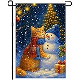 IVN Christmas Garden Flag 12x18 Inch Christmas Orange Tabby Cat Snowman Scarf Tree Gift Snow Lights Flag Double Sided Outdoor Yard Banner for Porch Lawn Patio Decor