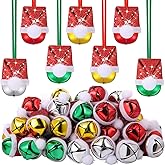 Sumind 48 Pcs Christmas Jingle Bell Necklaces Santa Hat Christmas Holiday Necklaces with Red and Green Rope Large Bell Necklace for Xmas Craft Gift Supplies Stocking Stuffers Accessories