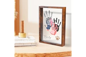 PUDEKO Family Handprint Kit,DIY Colorful Craft Keepsake Family Art Baby Newborn Hand and Footprint Wooden Frame for Home Decor Family Gifts Set(5 Sheets with 8 Colors) (Brown)