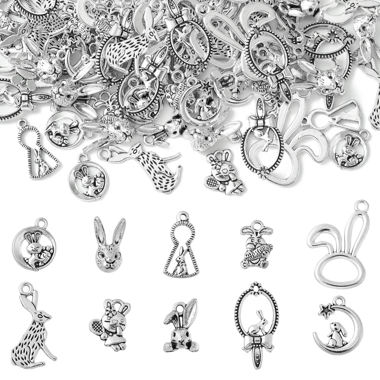 UR URLIFEHALL 100 Pcs 10 Styles Antique Silver Rabbit Charms Cute Bunny Animal Charms Pendants for Jewellery Making Bracelet Necklace