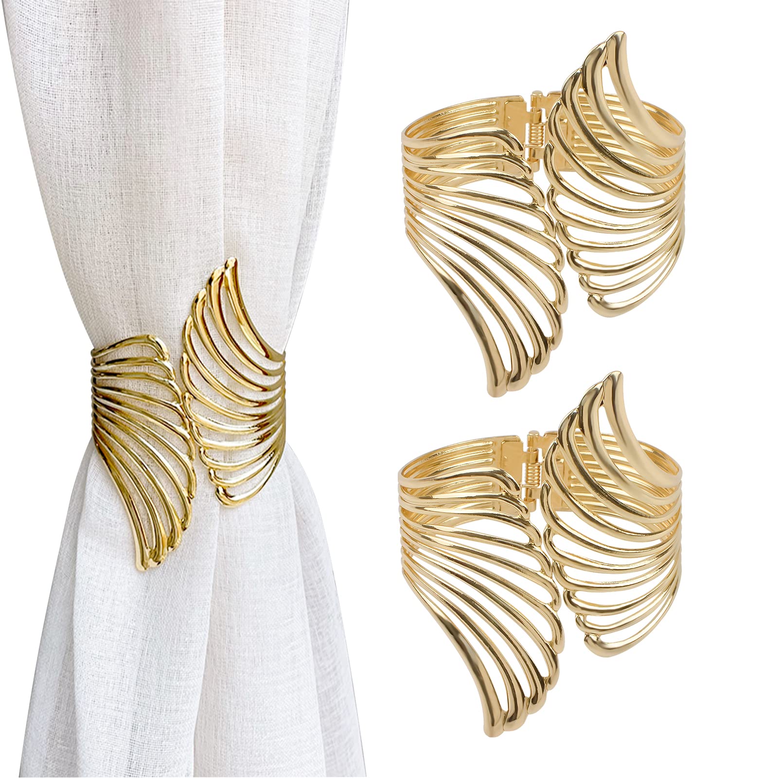 UFURMATE Curtain Tie Backs, 2Pcs Zinc Alloy Creative Curtain Rope Buckles Decorative Curtain Tiebacks Spring Drape Holder Clip for Home Office (Gold Hollow Wing)
