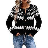 EMMIOL Womens Fair Isle Sweater Cropped Button Up Long Sleeve Cardigans Crewneck Knit Sweater Coats Fall Winter