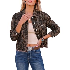 luvamia Women Leopard Cheetah Print Jackets Stretchy Frayed Hem Jean Jacket | Long Sleeve, Button Up, Trendy Animal Print Jac