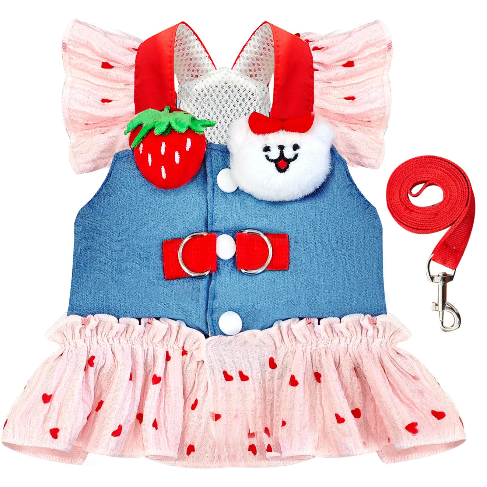 Photo 1 of Small Dog Harness and Leash Set Denim Cat Harness Dress for Puppy Clothes for Girls Pink Dog Birthday Dress French Bulldog Harness with Strawberry Bear Decoration