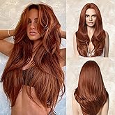 LONAI Copper Red Wigs for Women 24" Long Red Middle Part Layered Wig Synthetic Hair Wig for Daily Use Party Cosplay