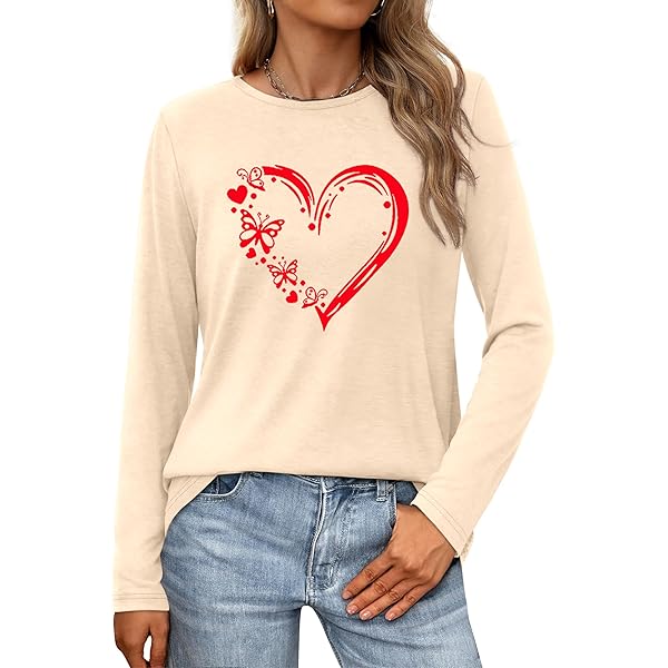 Valentines Day Long Sleeve Shirts Women Cute Love Heart Graphic T