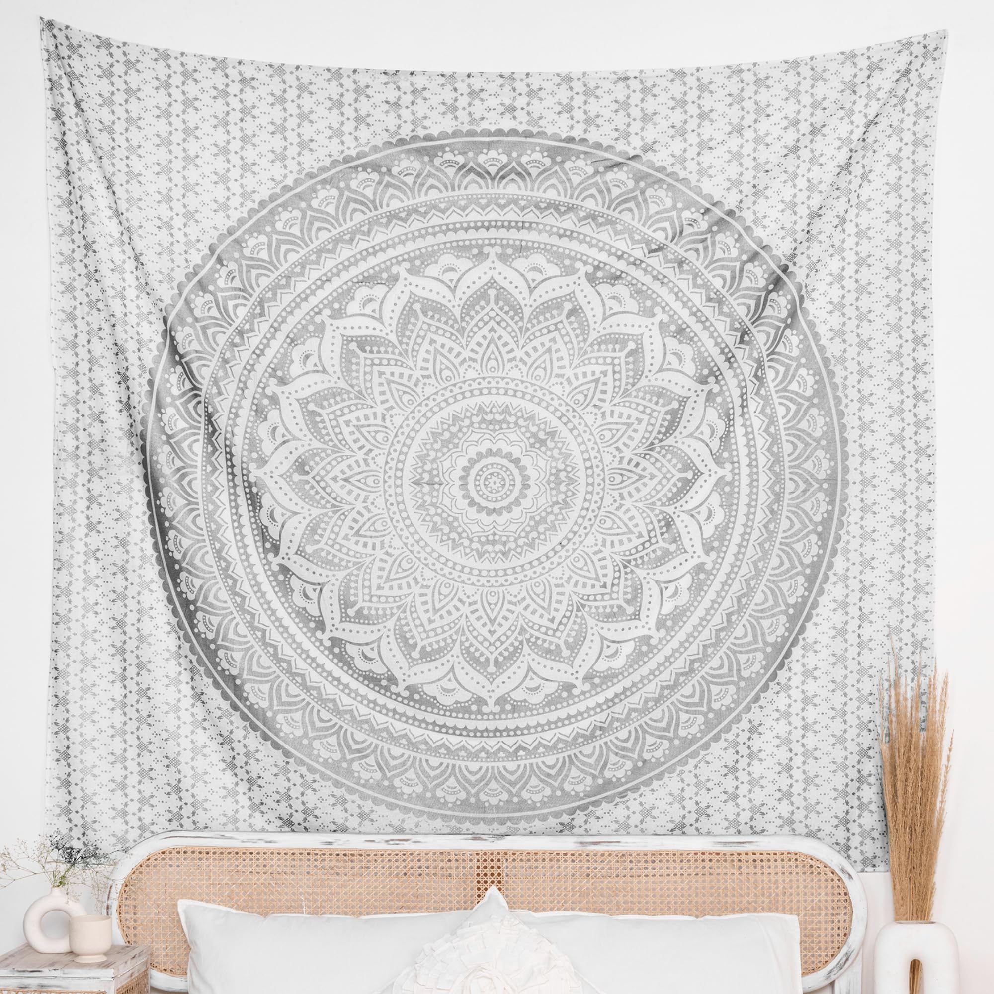 RAJRANG Silver Mandala Wall Hanging Tapestry Boho Decor Hippie Elephant Tapestries Psychedelic Cotton Art Dorm Decoration Bedspread 137x213 cm