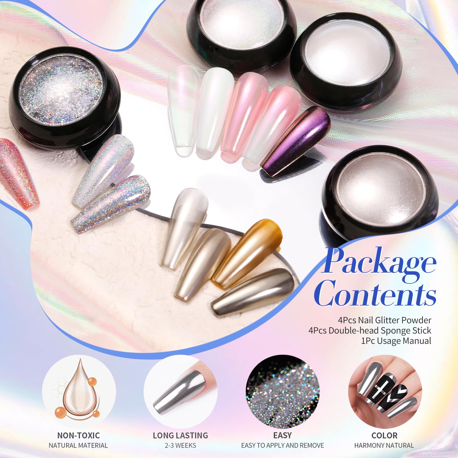BORN PRETTY Chrome Nail Powder,White Pearl Metallic Mirror Holographic Chrome Powder for Nails,Pearl Glitter Pigment Dust Kit Nail Art Decoration Sets - Image 5