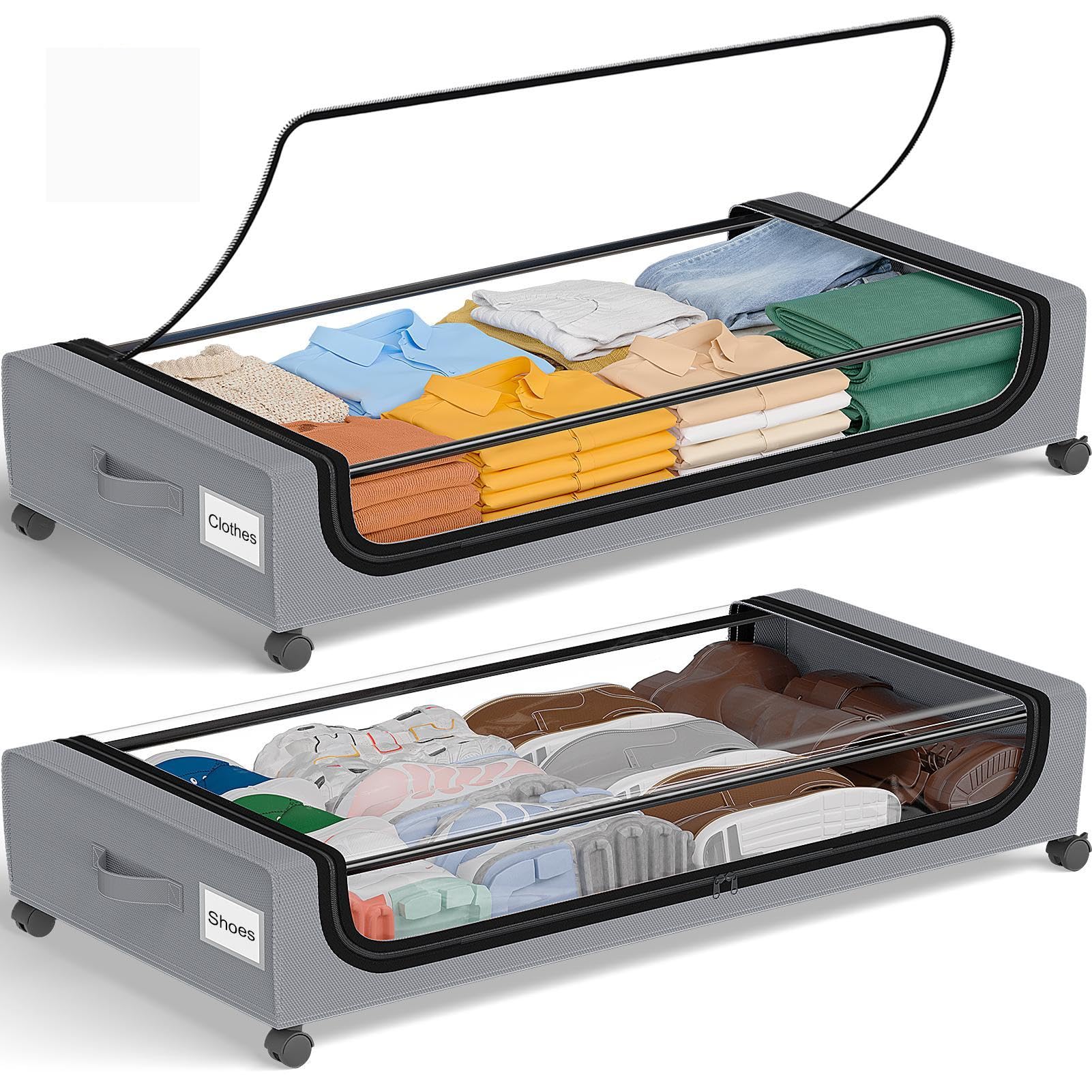 GoMaihe Under Bed Storage with Wheels: 70L Underbed Storage Containers with Lids - Rolling Bins for Shoes Clothes in Dorm Bedroom - Metal Drawers Easy Pull-out Grey 2-Pack Image