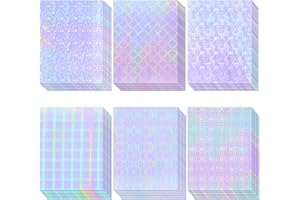 COSRK 36 Sheets Holographic Sticker Paper, Clear Vinyl Laminate Film for Stickers Self-Adhesive, Transparent Overlay Lamination Sticker Paper Waterproof, 6 Patterns-8.5x11 Inch