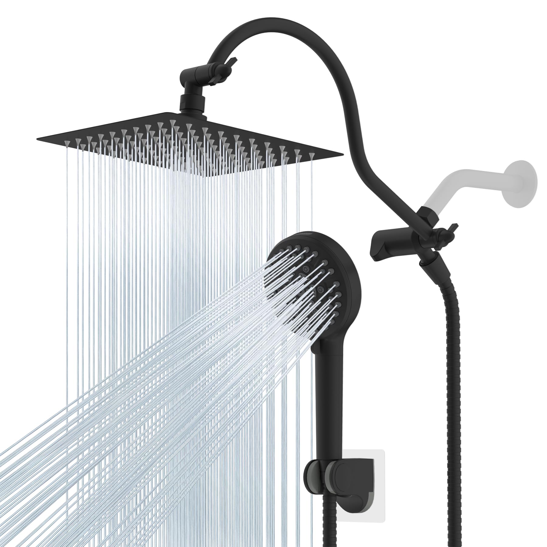 Photo 1 of Hibbent All Metal Shower Head, 8'' High Pressure Rainfall Shower Head, Handheld Showerhead Combo with 12'' Adjustable Curved Extension Arm, 10-Spray, 71'' Hose, Adhesive Showerhead Holder, Matte Black