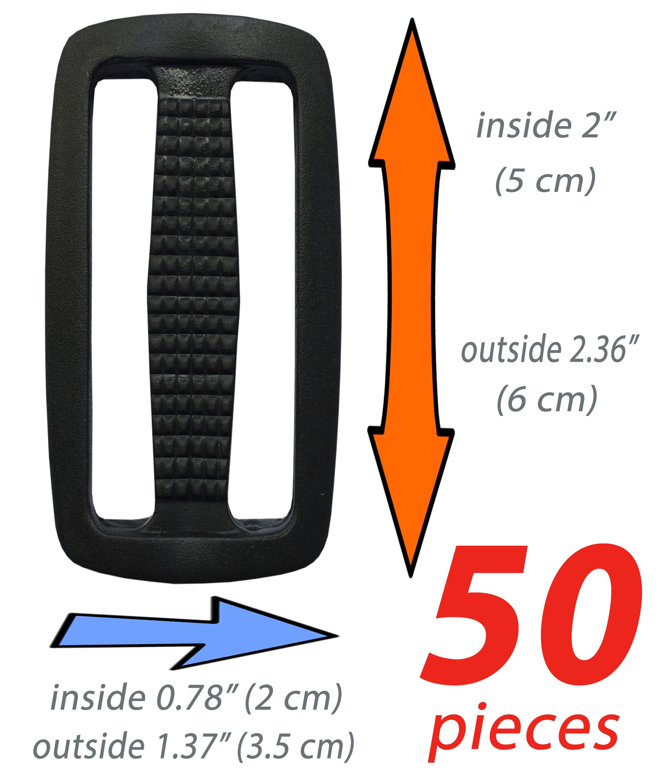 Plastic Triglides Slides - 2 inch wide for Webbing, Fasteners Strap, Dog Collar Harness, Nylon Webbing, Camping Bag Belt Suitcase. (50 pieces)
