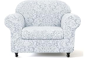 SUBRTEX 2 Piece Armchair Cover Couch Covers 1 Cushion, Jacquard Damask Chair Slipcover with Arms, Stretch Sofa Slipcover, Non Slip Furniture Protector for Dogs Pets (Small, Light Grey)