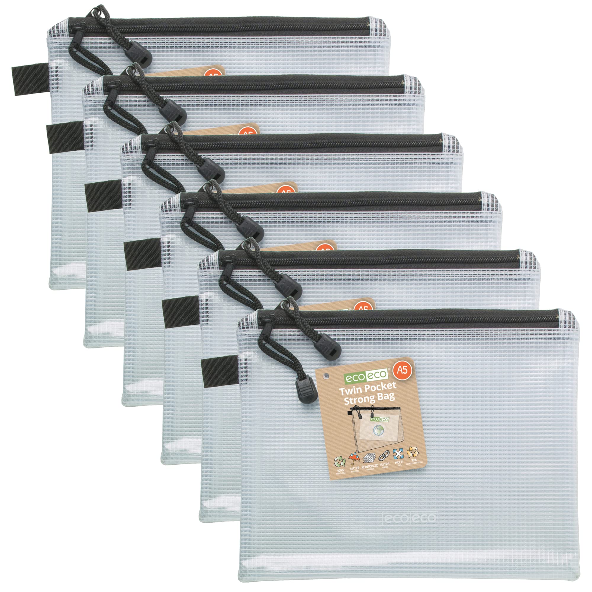 eco-eco A5 95% Recycled Twin Pocket Super Strong Bag, Waterproof Mesh Tuff Bag, Reinforced, Black Zip Closure, 2 Pockets (Pack of 6)
