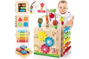 WOODMAM Wooden Activity Cube for Toddlers 1-3, 8 in 1 Montessori Toys with Shape Sorting Abacus Xylophone STEM Toys Gift for Baby Boys Girls Age 12+ Months
