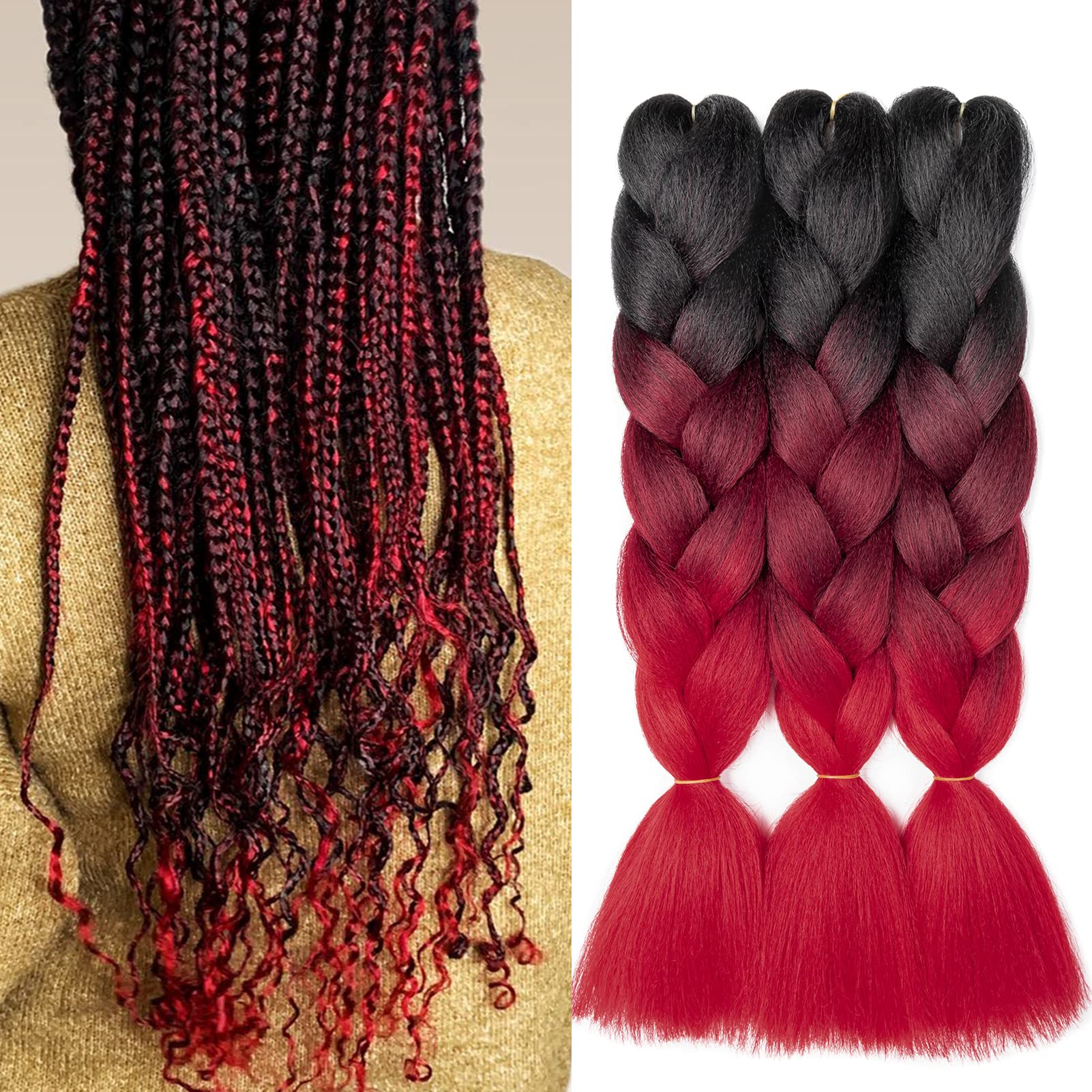 Gairyan Braiding Hair Extensions Ombre Jumbo Braids Synthetic Hair 3 Packs 24 inches 300g Coloured Hair for Braiding Extensions Box Braids Crochet Twist (Black-Wine Red-Red) โ image 1