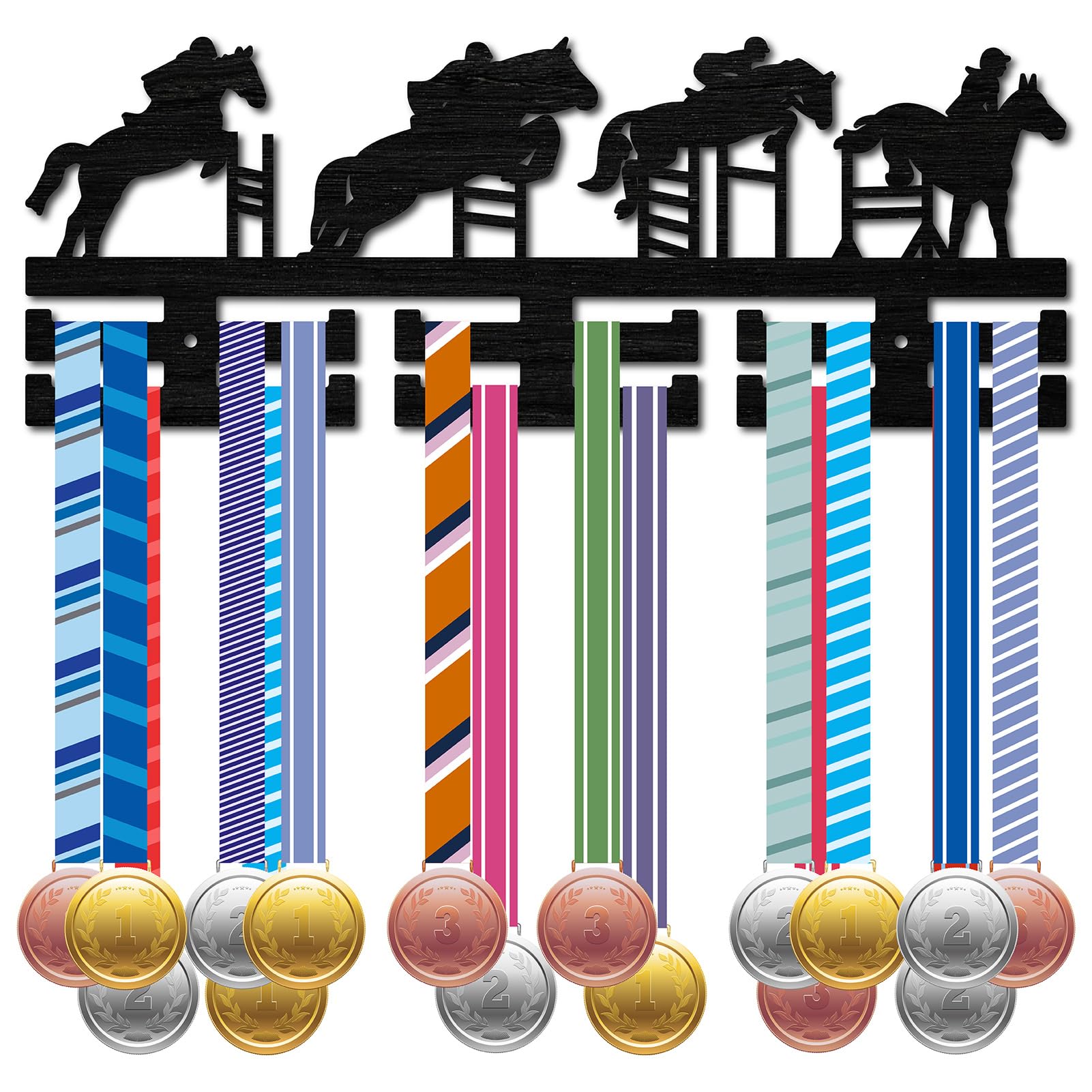 CREATCABIN Wooden Equestrian Medal Hanger Display Medal Holder Sport Medal Rack Wall Rack Mounted over 30 Medals Awards Ribbon Stand for Horsemanship Competition Athletes Medalist Black 15.7x5.9Inch