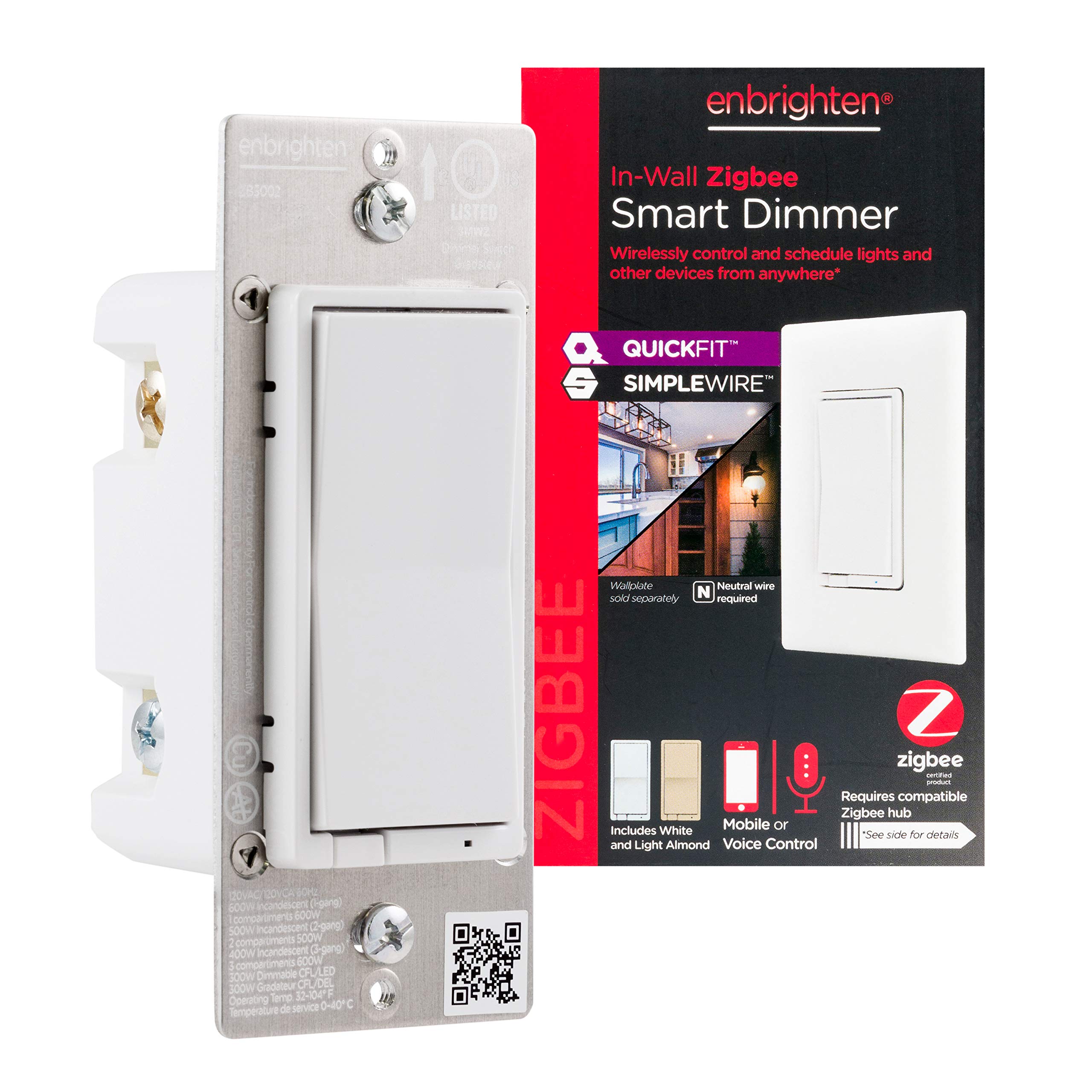 Photo 1 of Enbrighten Zigbee Dimmer, QuickFit & SimpleWire, Pairs Directly with Echo Studio/Show 10/Plus 1st & 2nd Gen, Works WIth Alexa, Google Assistant, White & Light Almond, Smart Light Switch, 43080
