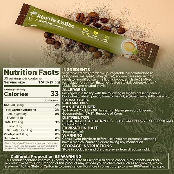 STAYVIA COFFEE STEVIA INSTANT COFFEE PACKETS – KOREAN INSTANT LATTE WITH SUGAR-FREE & LOW CALORIES – 30 STICKS (0.33OZ) – PLANT-BASED SWEETENER – ENJOY CAFFEINE HOT & COLD AT OFFICE, HOME & TRAVEL