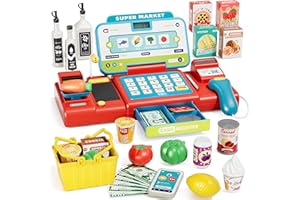 EOHEMERAL Pretend Cash Register Toy for Kids, Play Cash Register with Real Calculator, Scanner, Microphone, Cashier Playset Gift for Toddler Boys and Girls Ages 3 4 5 6 7 8 (Blue and Red)
