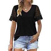 OFEEFAN Casual V Neck T Shirts for Women Lace Short Sleeve Curved Hem Tops Loose Fit