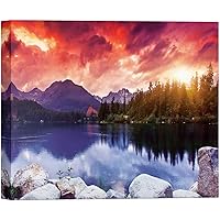 SIGNWIN Canvas Wall Art Red and Orange Sunset by The Blue Lake and Mountains Landscape Wilderness Modern Art Tropical Panoramic Colorful Ultra for Living Room, Bedroom, Office - 12x18 inches