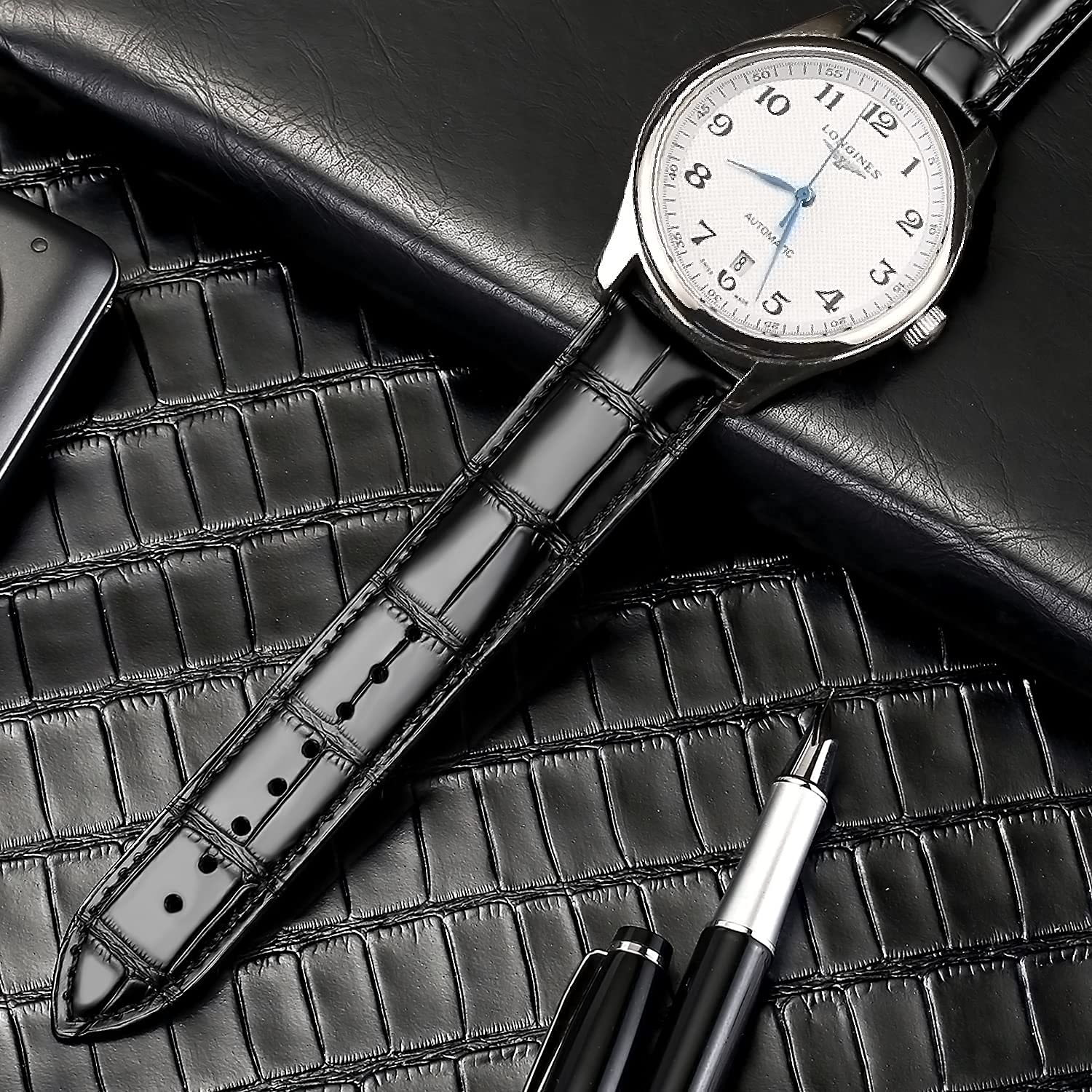 Moran Genuine Leather Band Alligator and Cowhide Replacement Deployment Buckle Watch strap18mm to 24mm Crocodile Leather Strap for Men's and Women's