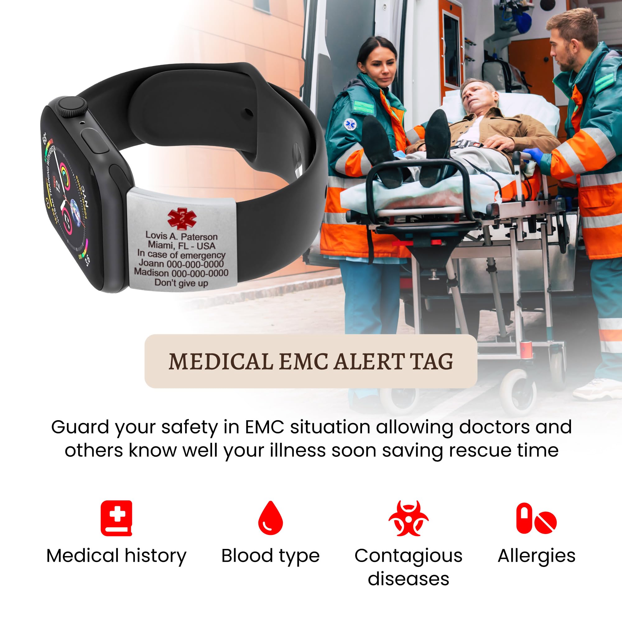 MIA·MIA Alert ID Tag for watch band, laser engraved apple watch safety plate, fitness runners ID tag for sport smartwatch, medical tag for wrist band