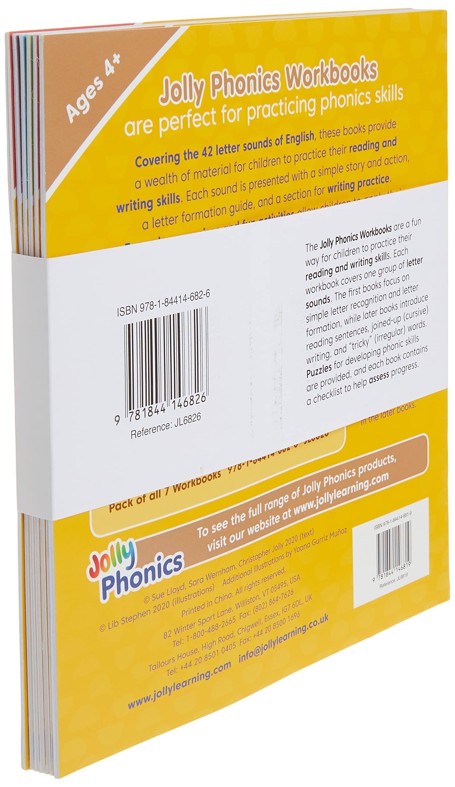 Workbooks with print letters, Jolly Phonics.