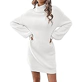 ZLIGXEA Women's Turtleneck Textured Lantern Sleeve Ribbed Knit Mini Dress Pullover Oversized Sweater Dresses S-XL