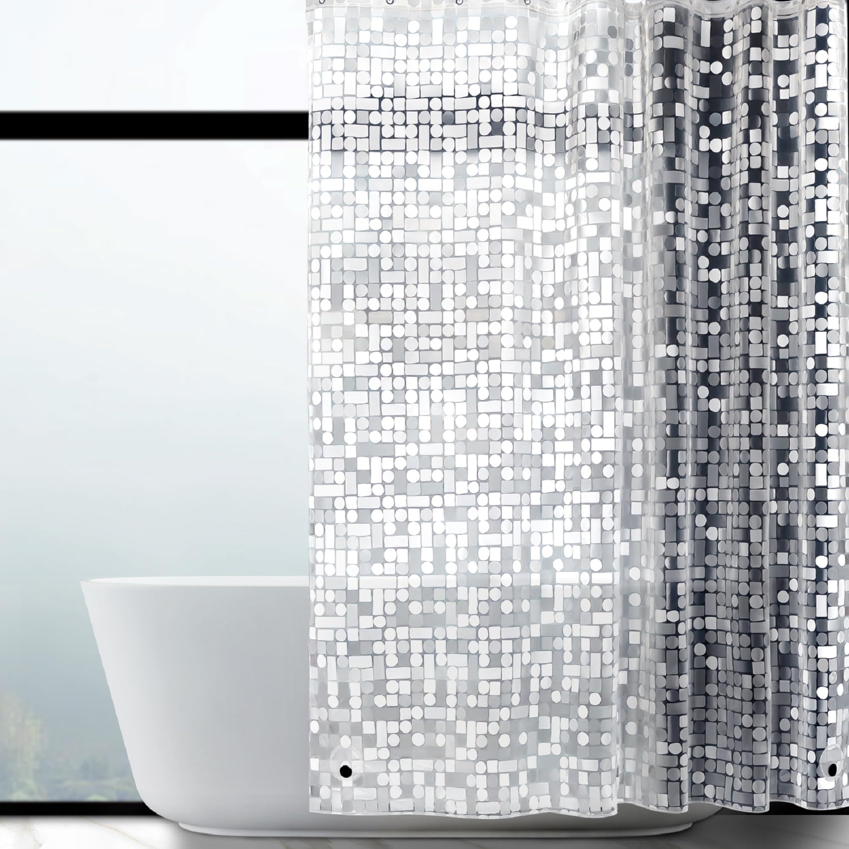 WELTRXE Shower Curtain, Waterproof Shower Curtain Liner, Mould Proof Mildew Resistant, Clear Geometric Bath Curtain for Bathroom, EVA Bathtub Curtains with Magnets and Hooks, 183 x 200cm
