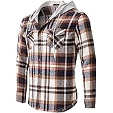 Snullo Men's Causal Plaid Drawstring Hoodie Flannel Shirt Color Block Long Sleeve Button Down Flannel Shirt with Pockets