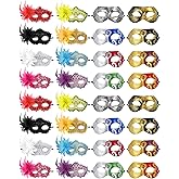 Sratte Mardi Gras Couple Masquerade Mask with Feather Flower Unisex Half Face Venetian Mask for Carnival Parade Valentine