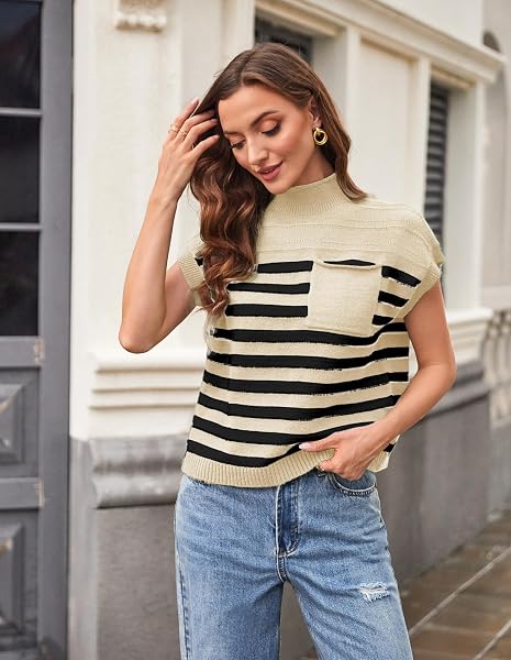 GRACE KARIN WOMEN’S STRIPED SWEATER VEST SLEEVELESS MOCK NECK CAP SLEEVE KNIT SWEATER TOPS BUSINESS CASUAL OUTFITS APRICOT BLACK L