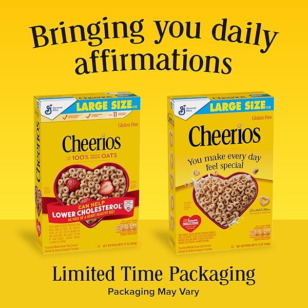CHEERIOS CEREAL, LIMITED EDITION HEART SHAPES, AFFIRMATIONS BOX, HEART HEALTHY, GLUTEN FREE, LARGE SIZE, 12 OZ