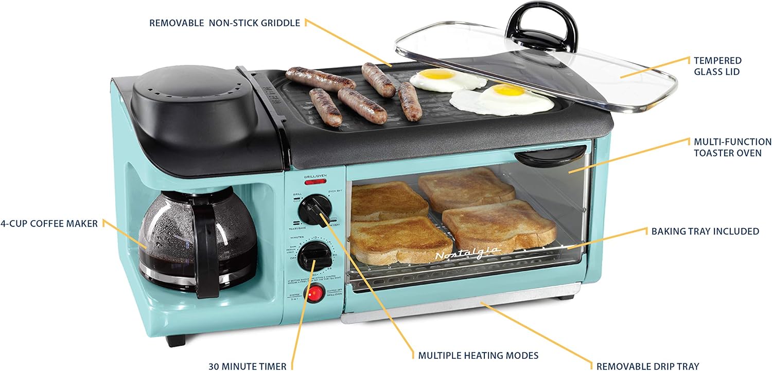 Nostalgia Retro 3-in-1 Family Size Electric Breakfast Station, Coffeemaker, Griddle, Toaster Oven, Aqua: Kitchen & Dining