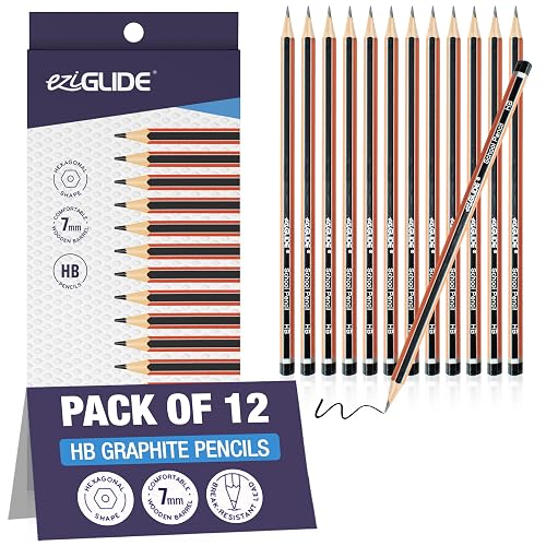 Eziglide HB Pencils, 12 Pack of Hexagonal Graphite Pencils, Break Resistant Super Bonded HB Lead Pencil, Ideal for Drawing and School Essentials, Home Sketching Pencil or Office Writing Pencils