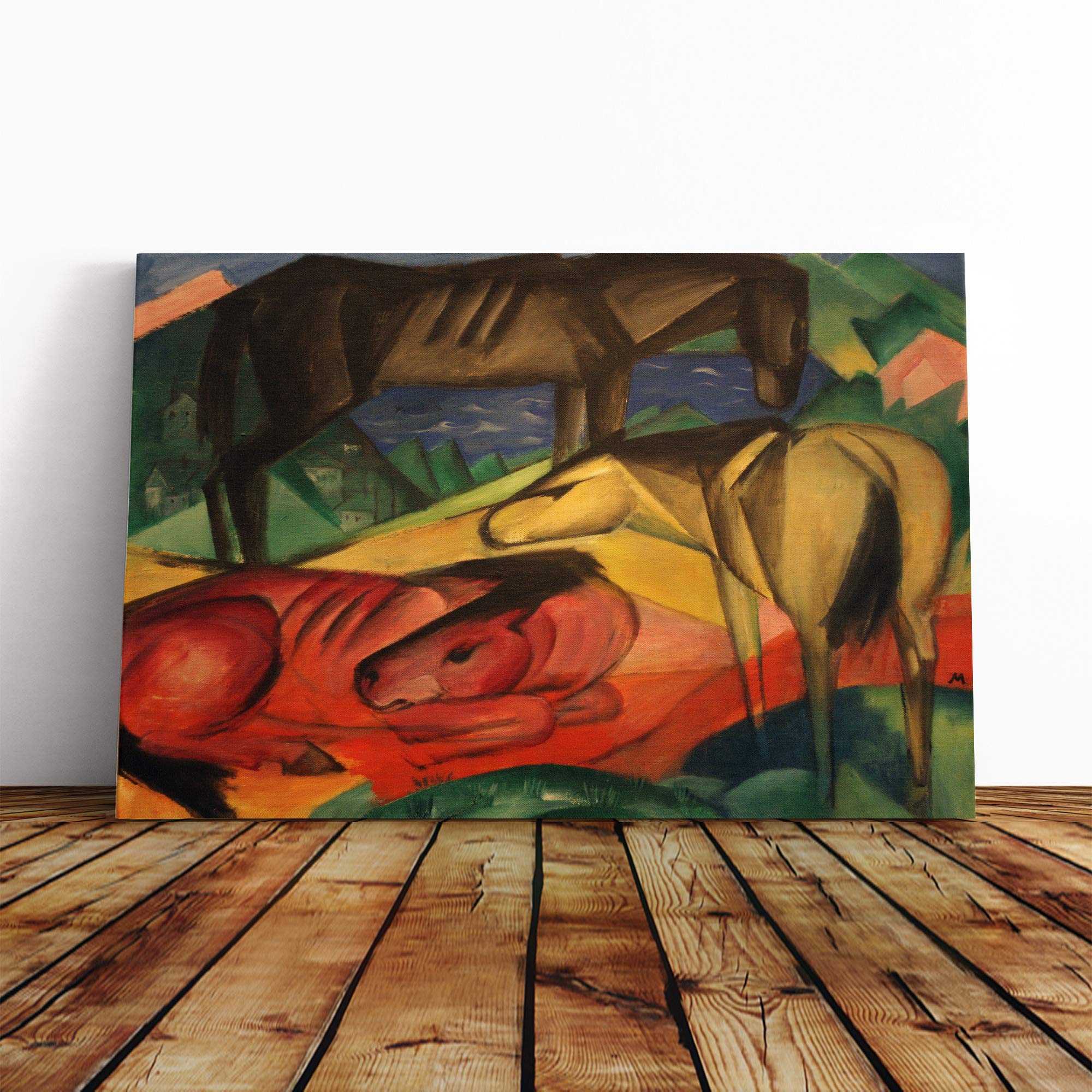 Franz Marc Three Horses Canvas Print | Gallery Wrapped 30mm Frame Wall Art | 20x14 inches | Ready to Hang | Modern Animals Picture | Living Room Bedroom Lounge Office