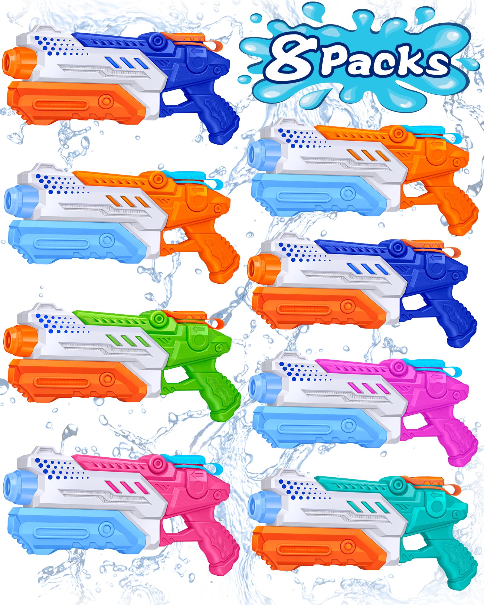RONSTONE 8 Pack Water Guns for Kids Adults- 300ml Capacity Super Water Gun, 25-30 ft Long Range Water Pistols,Summer Outdoor Swimming Pool Garden Party Fighting Toys for Boys Girls