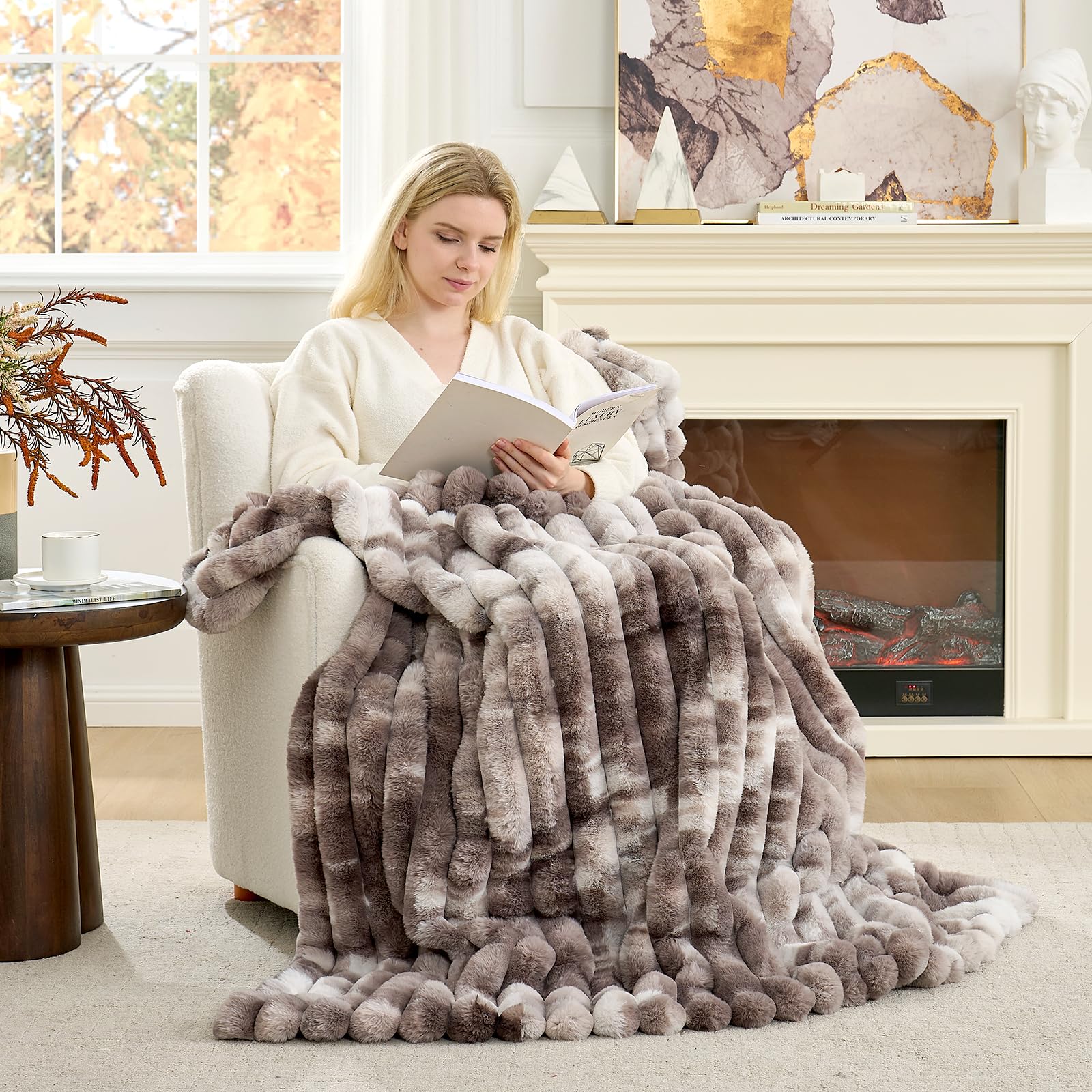 Cozy Bliss Faux Fur Throw Blanket for Couch, Cozy Warm Plush Striped Blanket for Sofa Bedroom Living Room, 60 * 80 Inches Tie-dye Grey Image