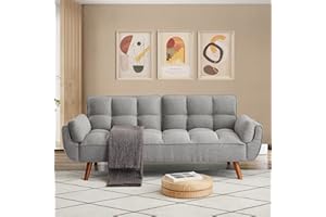 Homies Life Convertible Futon Sofa Bed, Linen Sleeper Couch, 75" W Modern 3 Seater Tufted Sofa with Adjustable Backrests and Soild Wood Legs for Living Room, Bedroom, Small Space, Gray