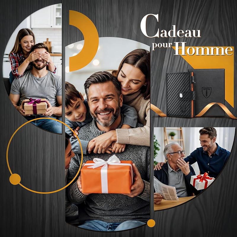 Portefeuille Homme en Fibre de Carbone | Portefeuilles avec Compartiment à Billets & Monnaie | Porte Carte Bancaire Homme avec Blocage RFID | Porte-Cartes de Crédit Bancaire Anti (Noir- Orange)