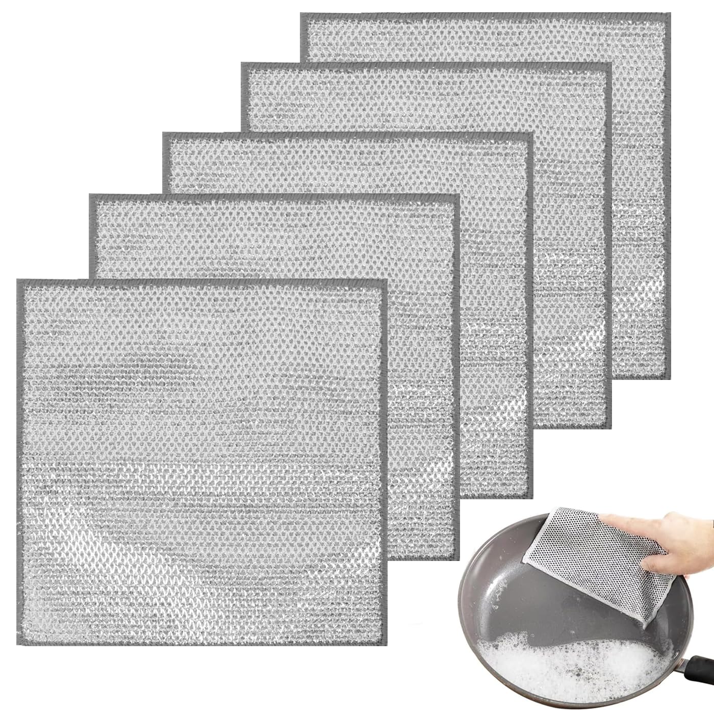 AWAVM 5PCS Multipurpose Non-Scratch Scrubbing Wire Dishwashing Rags, Wire Wool，Multipurpose Wire Dishwashing Rags for Wet and Dry, Resuable Kitchen Microfibre Cleaning Cloth(double decker) (5)